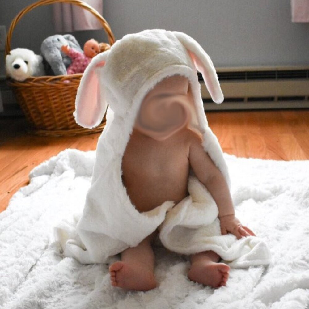 Pottery Barn Kids Faux Fur Bunny Rabbit Baby Hooded Towel mono removed